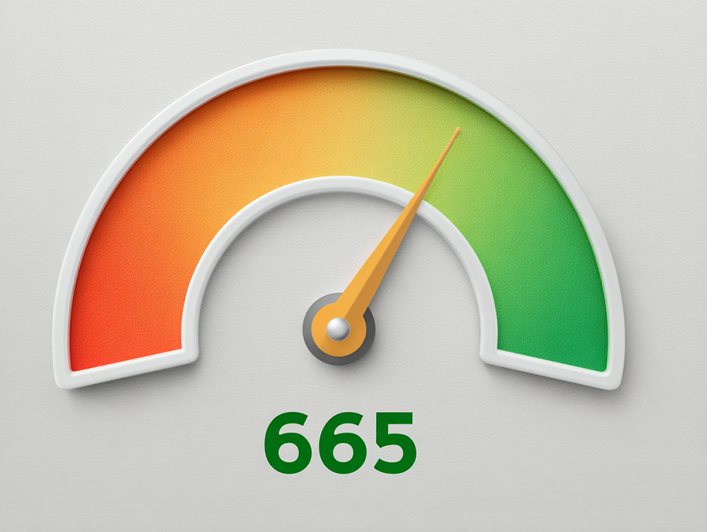 A credit score gauge and needle showing a 665 credit score