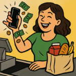 Woman using Cashback Apps at a grocery store
