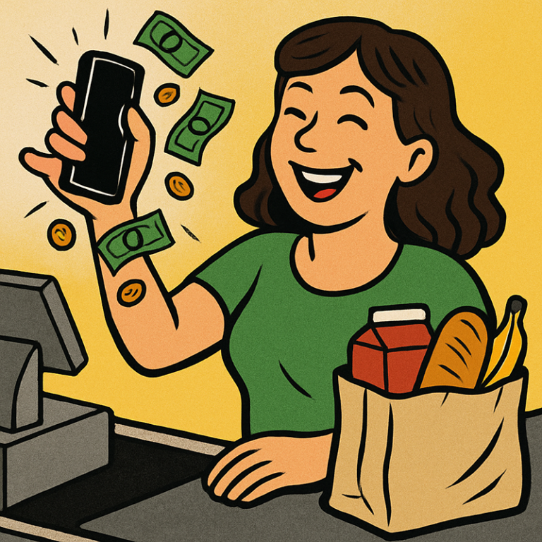 Woman using Cashback Apps at a grocery store