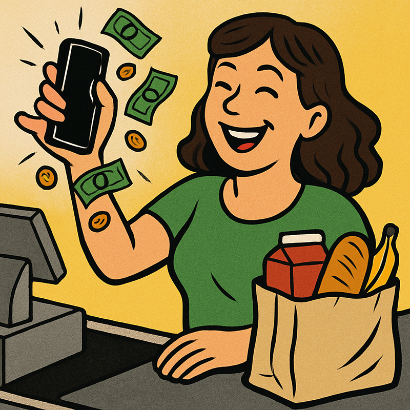 Woman using Cashback Apps at a grocery store